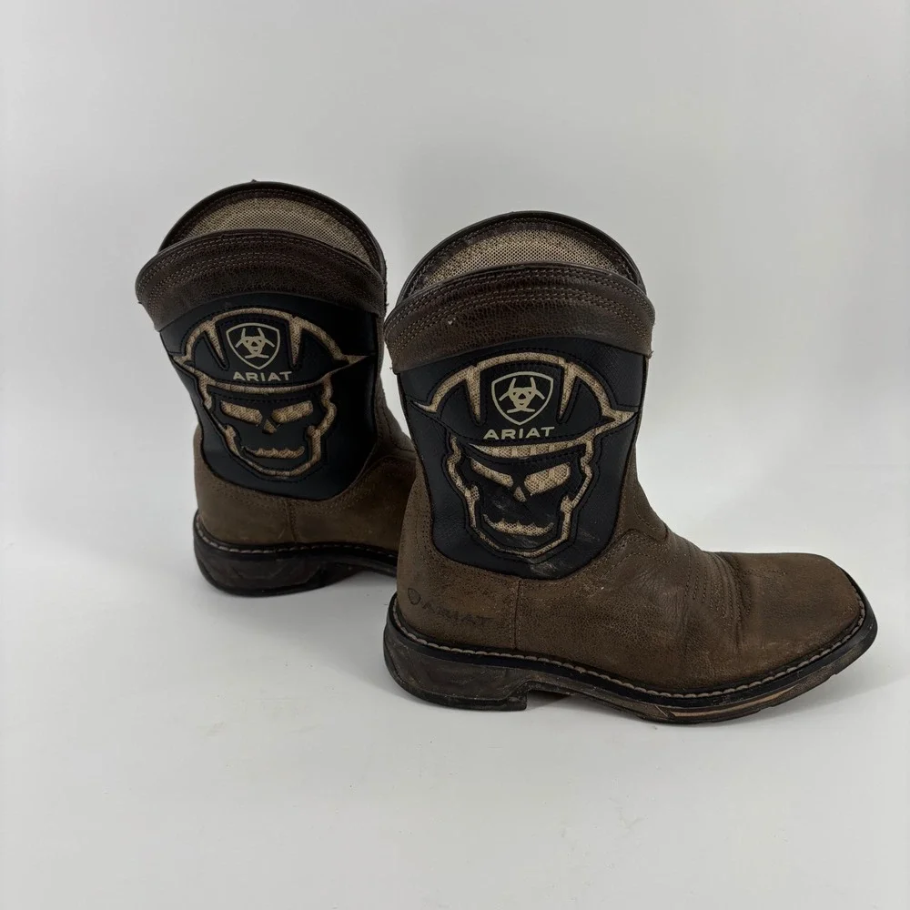 Ariat Roughstock Western Boots Kids Size 1 Brown Skull Graphic Square Toe